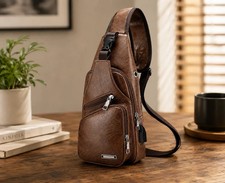 Men s Brown Sling Crossbody Chest Bag USB Charging Port Travel Shoulder Backpack