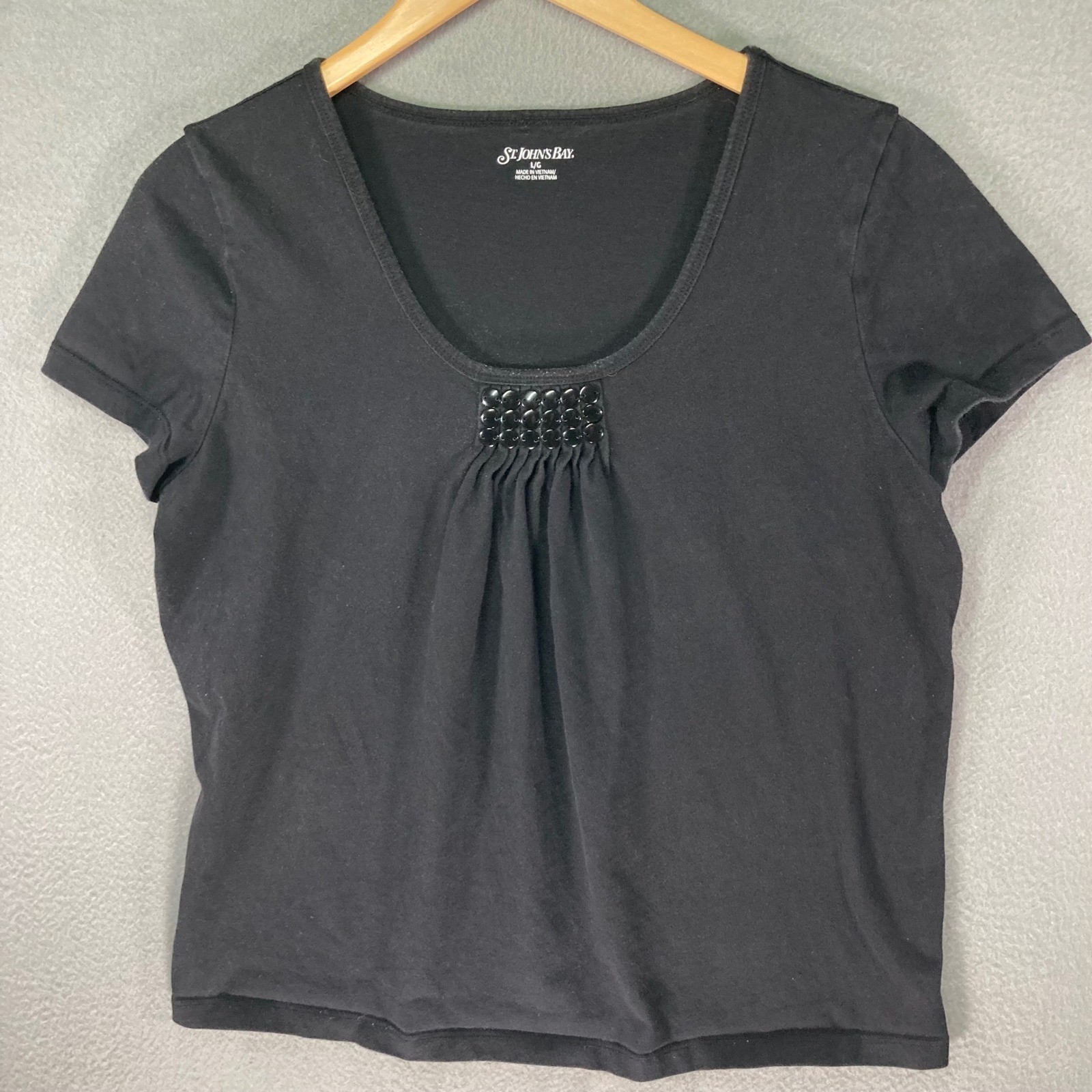 St Johns Bay Womens Large Black Short Sleeve Top Beaded Scoop Neck