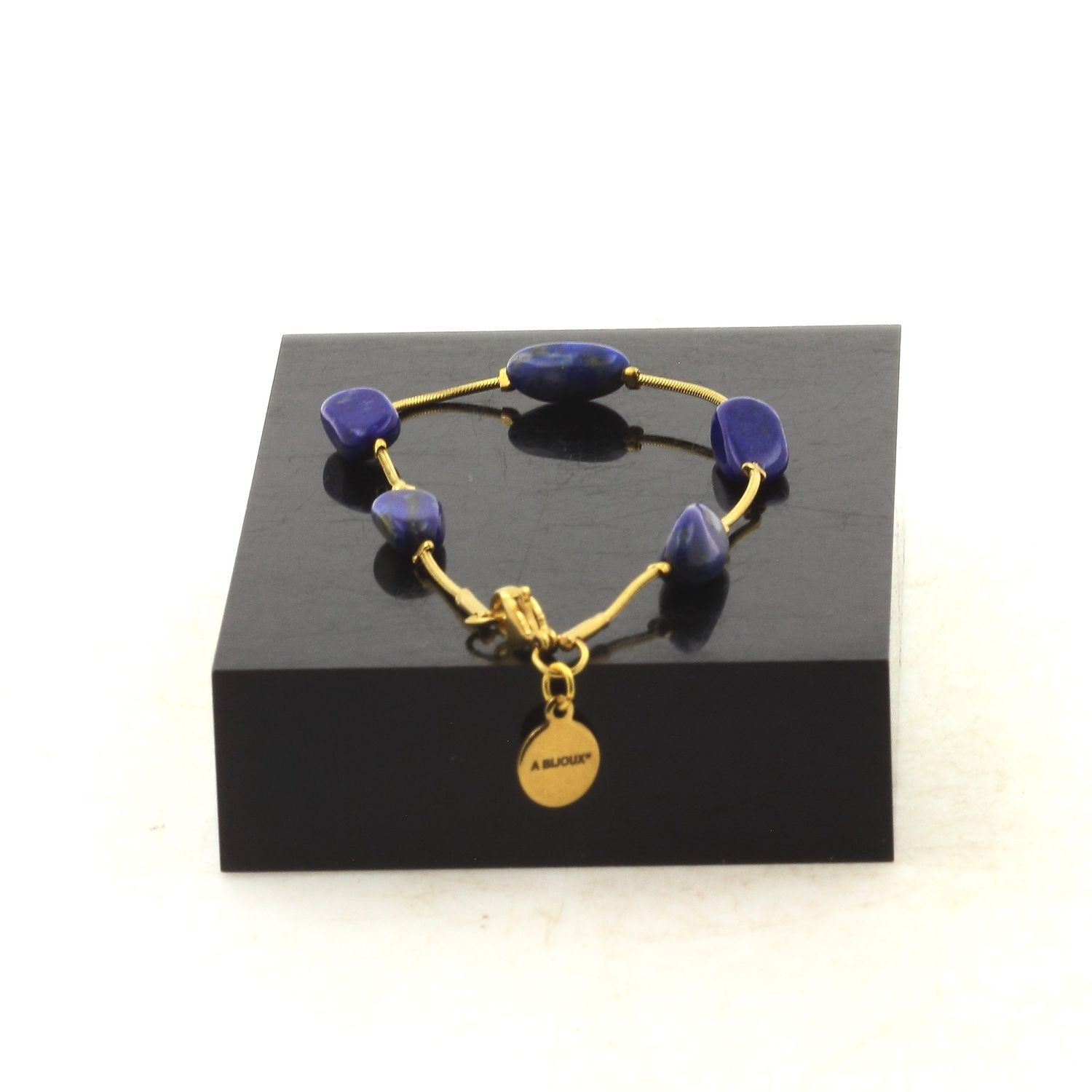 Bracelet Lapis-Lazuli Pierres Précieuses et Acier Doré Bijou Femme Réglable