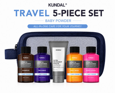 KUNDAL Travel Kit 5 pcs Set Baby Powder Shampoo Treatment Body Wash Lotion Pouch
