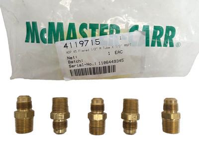 Qty5 McMaster Carr Brass 45° Flared 1/2'' M Tube x 1/2'' MNPT Straight Adapters