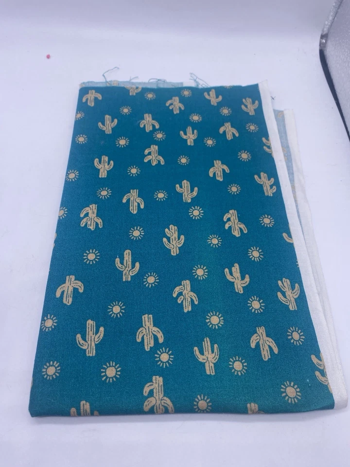 Cranston Print Works Fabric Cactus Sun Western Vintage Teal Blue Green 1.2 Yds - Image 2 of 4