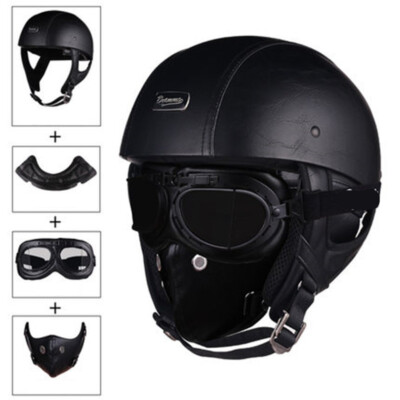 Leather Motorcycle Half Helmet Scooter Helmet Moto Casco with Face Mask&Goggles
