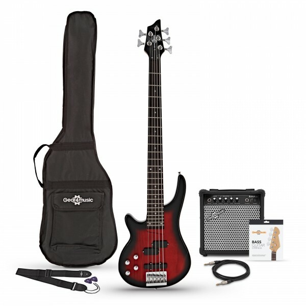 Chicago 5 String Left Handed Trans Red Bass + 15W Amp by Gear4music