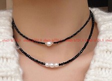 2 Rows Faceted 3mm Black Spinel  7-8mm White Freshwater Pearl Necklace 16-18"