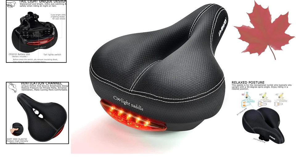 Asiento de bicicleta de espuma viscoelástica con luz trasera, impermeable, doble resorte, 1 año de garantía Foto 2 de 4