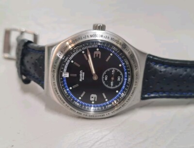 Vintage Swatch Irony Swiss Made SR936SW Black Blue Stitching