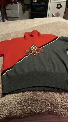 Vintage ESCADA Fleur de lis Collared Sweater 42 New Wool red grey