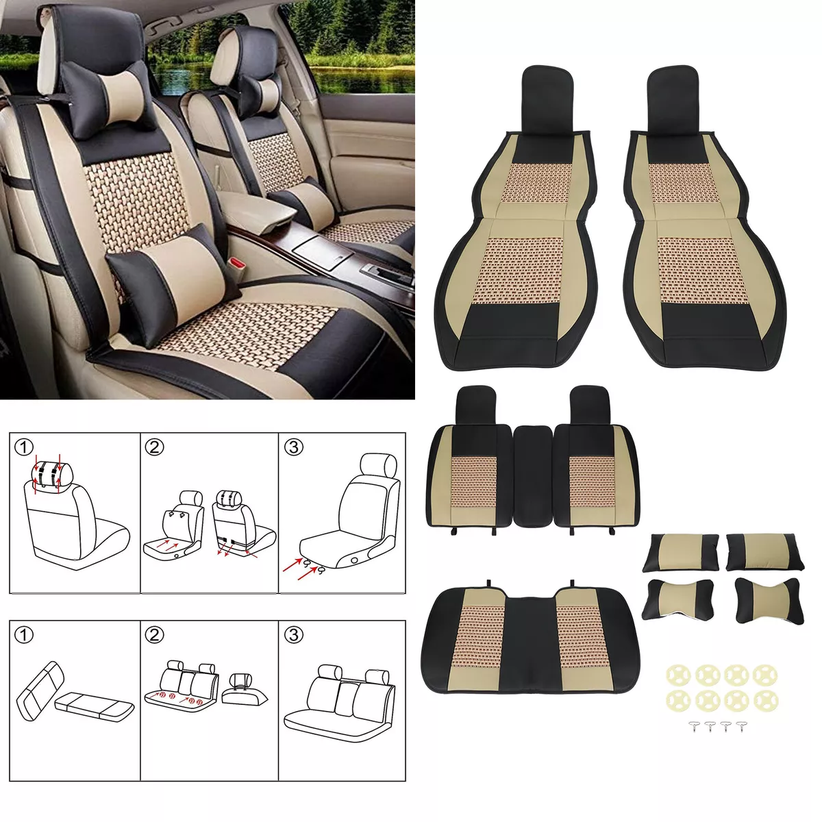 Deluxe PU Leather Front & Rear Car Seat Cover 5 Seats SUV Cushions