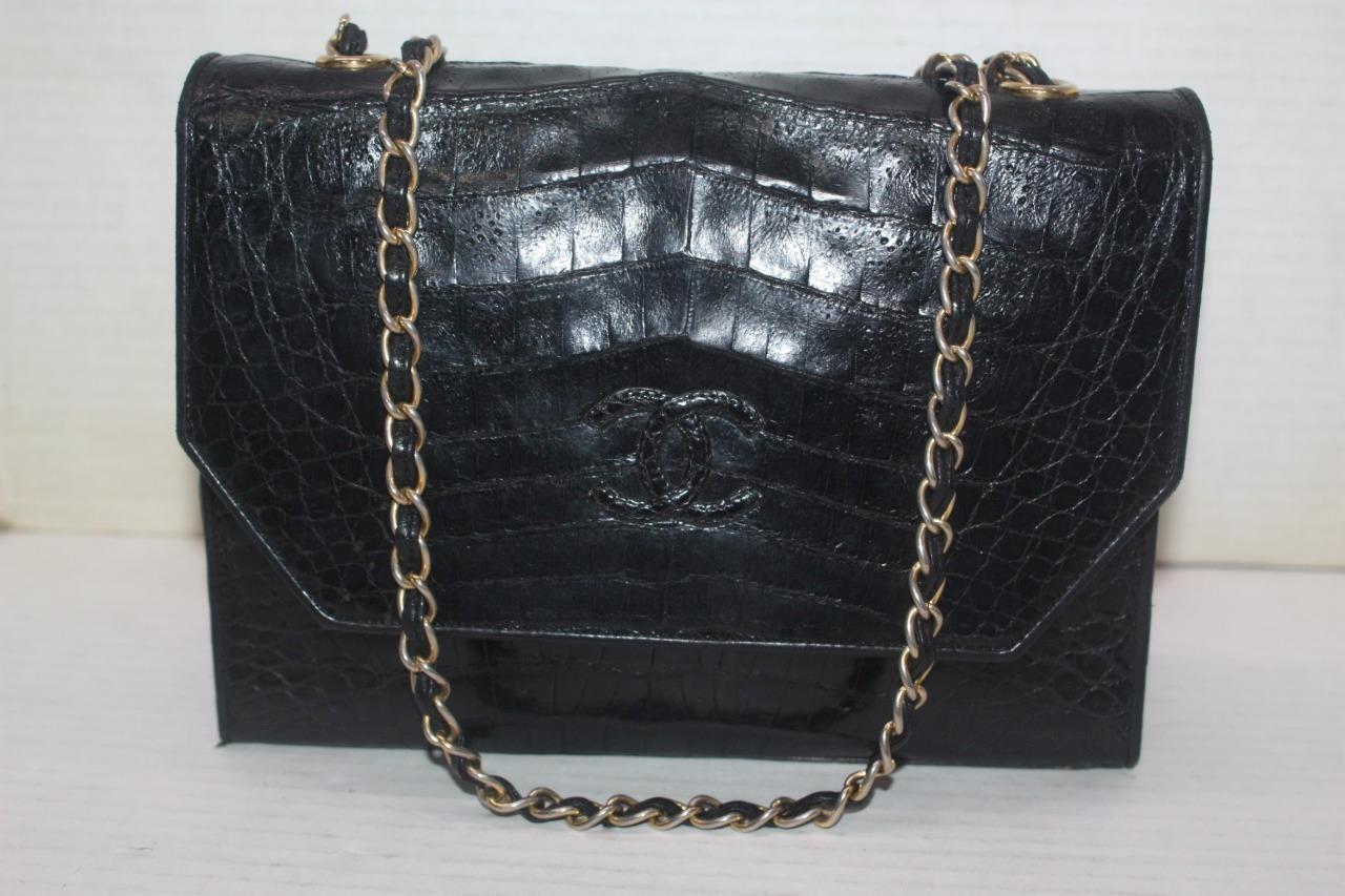 Rare Vintage CHANEL Exotic Alligator Leather CC Logo Chain Strap Flap Bag  Black