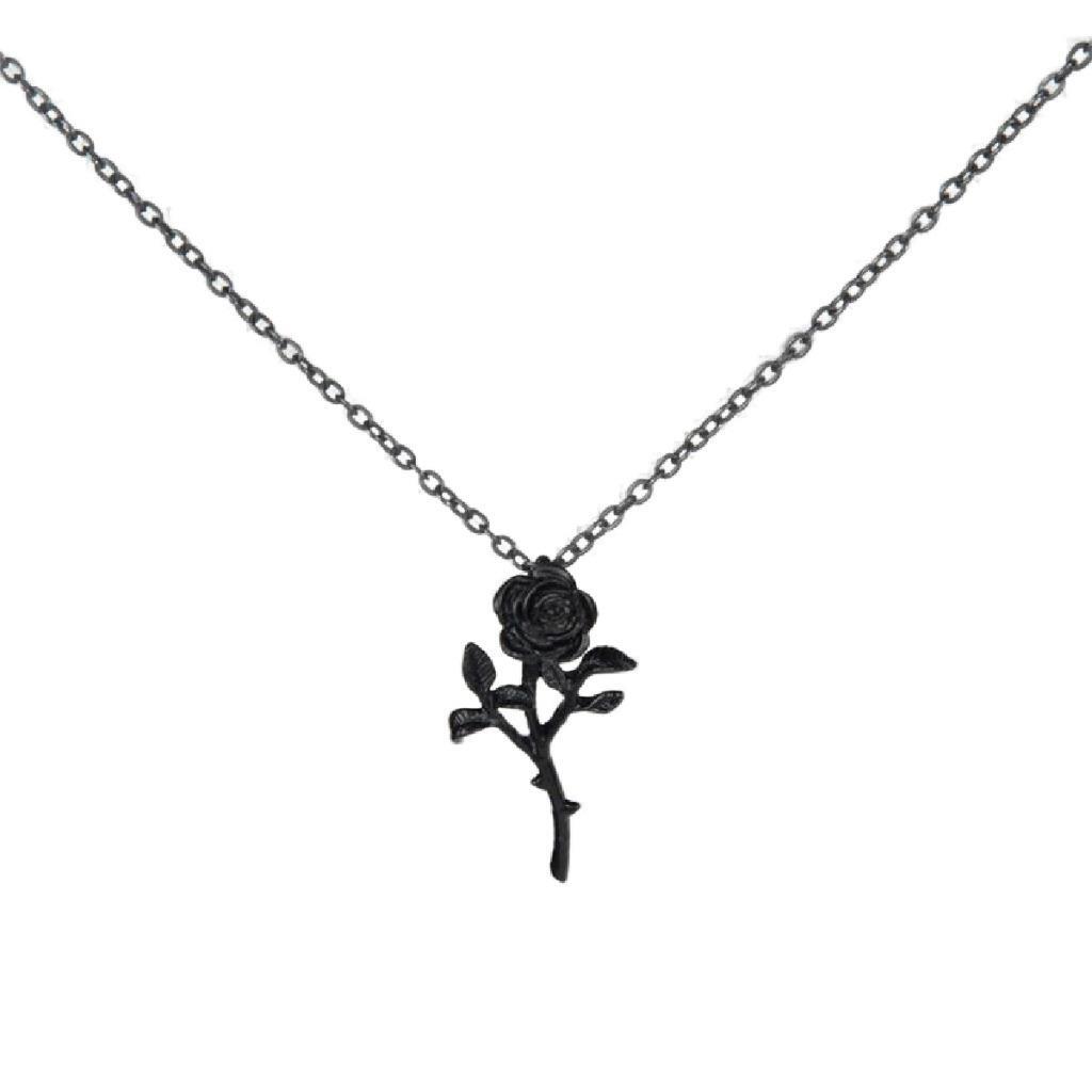 BLACK ROSE NECKLACE Gothic Romantic 4cm Pendant 50cm Chain Biker