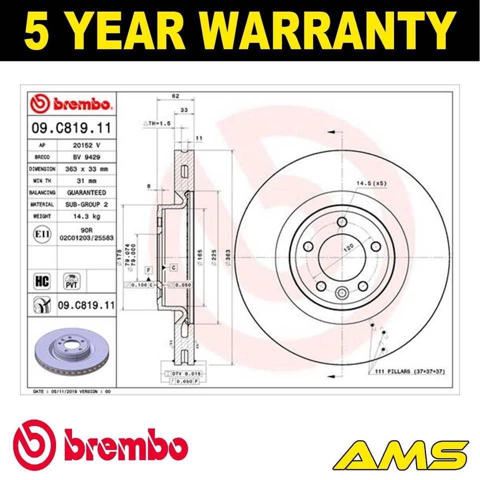 Se adapta a Land Rover Range Rover Sport 2014- Range 2012- Disco de freno delantero Brembo Foto 2 de 4