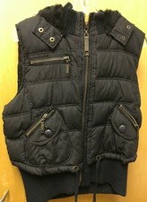 Black Puffer Vest Zipper Sleeveless Jacket Faux Fake Fur Hood Size L (junior)