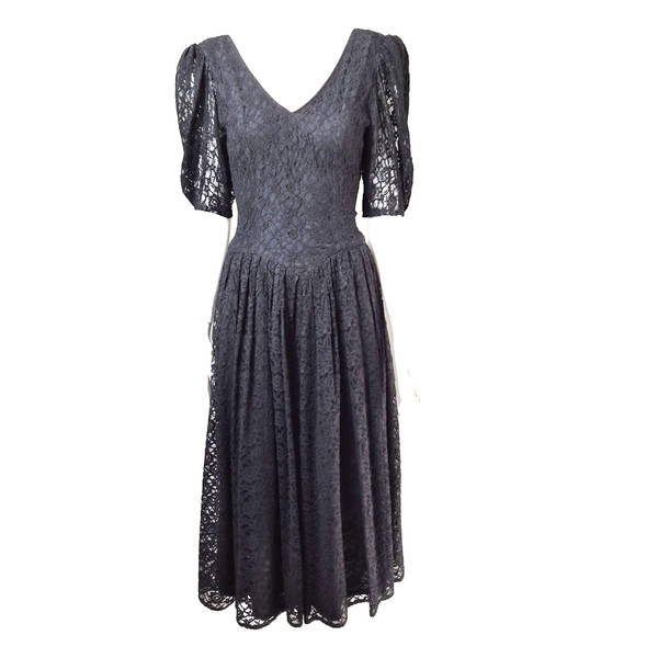 Vintage Dress Lace 1970's Black Guipure Lace Midi Length Fit And Flare Size 8