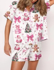 Coquette Pink Christmas Silky Satin Pajama Set For Women