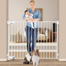 Adjustable 37" No Bottom Bar Baby Gate for Pets - Walk Thru Door, White