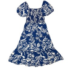 Anthro Meadow Rhodes Blue White Tropical Floral Smocked Tiered Midi Dress XL PXL