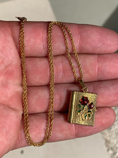 9ct gold plated rose enamel book locket pendant on chain antique