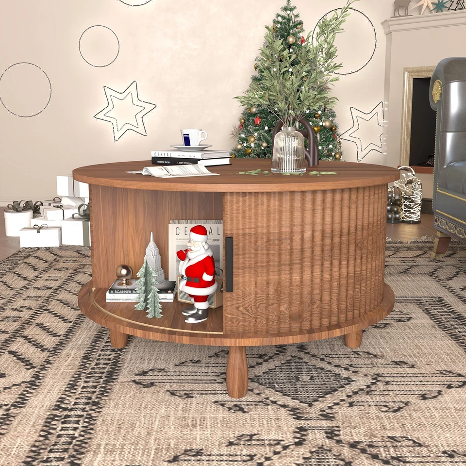 Round Lift-top Storage Coffee Table w/Sliding Door & Open Shelf for Living Room - Image 4 of 4