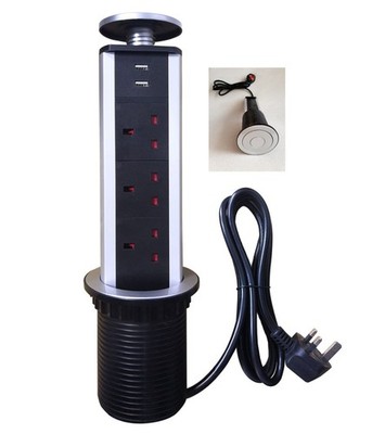 PULL Pop Up Steckdose Elektro 3× UK Stecker 2× USB Küche Arbeitsplatte Schreibtisch Silber 1,8M