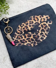 New Leopard Print Lips Makeup Tech Pencil Zip Bag Pouch w/ Lipstick Charm - 8.5”