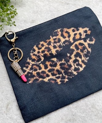New Leopard Print Lips Makeup Tech Pencil Zip Bag Pouch w/ Lipstick Charm - 8.5 