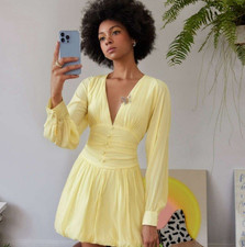 CIDER Yellow Woven Mini Dress V-Neck Button Accents Long Sleeve Size S