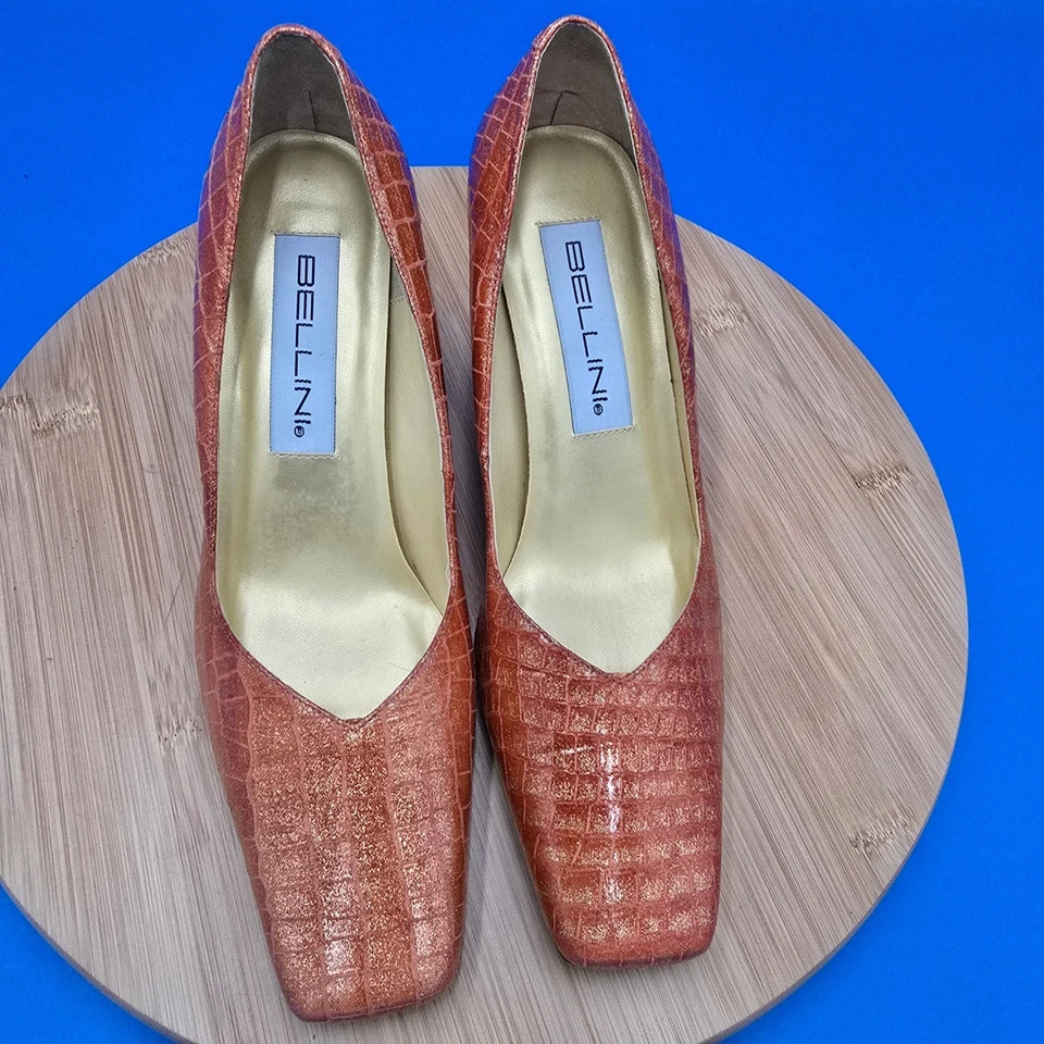 Bellini 皮革方头高跟鞋橙色鳄鱼浮雕晚会鞋 7B 二手状况完好 — 第 3/4 张图片
