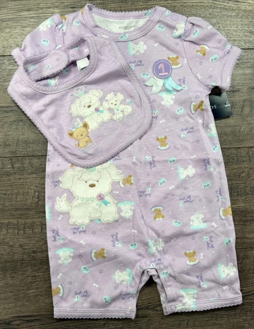 Baby Girl Clothes New Vintage Sonoma 6-9 Month 2pc Purple Dog Show Romper + Bib
