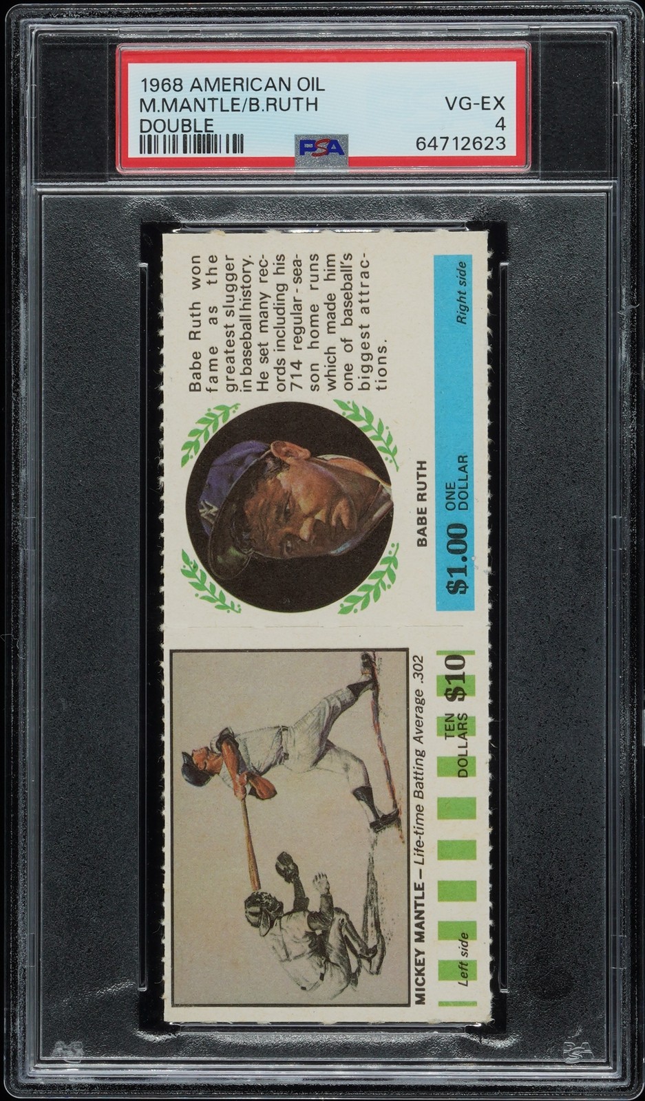1968 AMERICAN OIL DOUBLE BABE RUTH/MICKEY MANTLE PSA 4