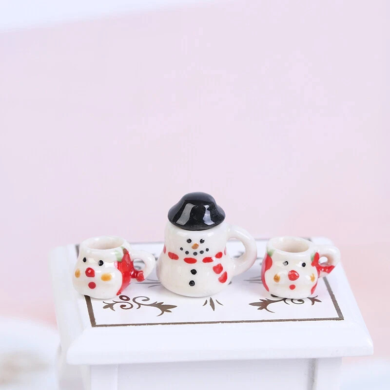 3Pcs Dollhouse Miniature 1:12 Scale China Set Mug Coffee Cups Christmas Teapot