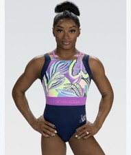 GK Simone Biles Gymnastics Leotard Navy Purple Neon Floral AXS Sleeveless