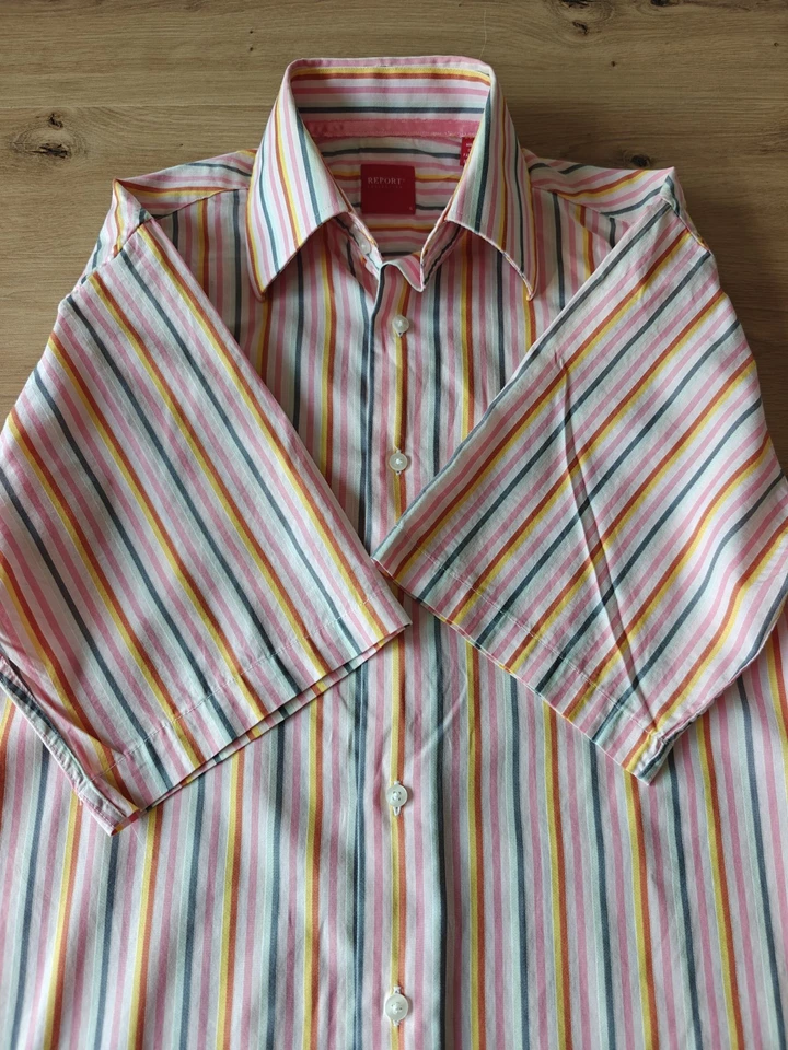 Report Collection Men Cotton Shirt, Pink Striped Print, Rose Rainbow, S size - Image 3 of 4