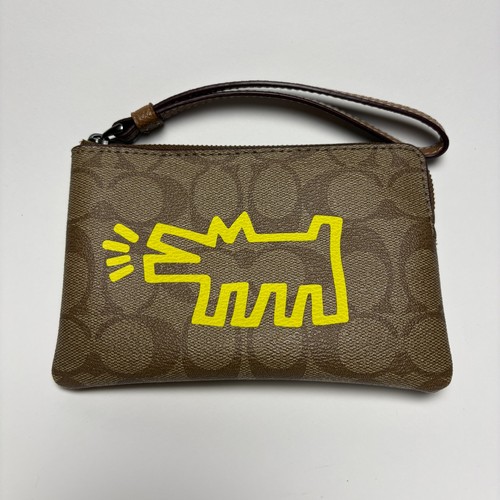 Coach x Keith Haring Monogram Brown Leather-Trimmed Wristlet