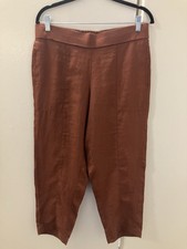 Eileen Fisher Brown Organic Linen Tapered Leg Loose Fit Pull On Pants Sz S