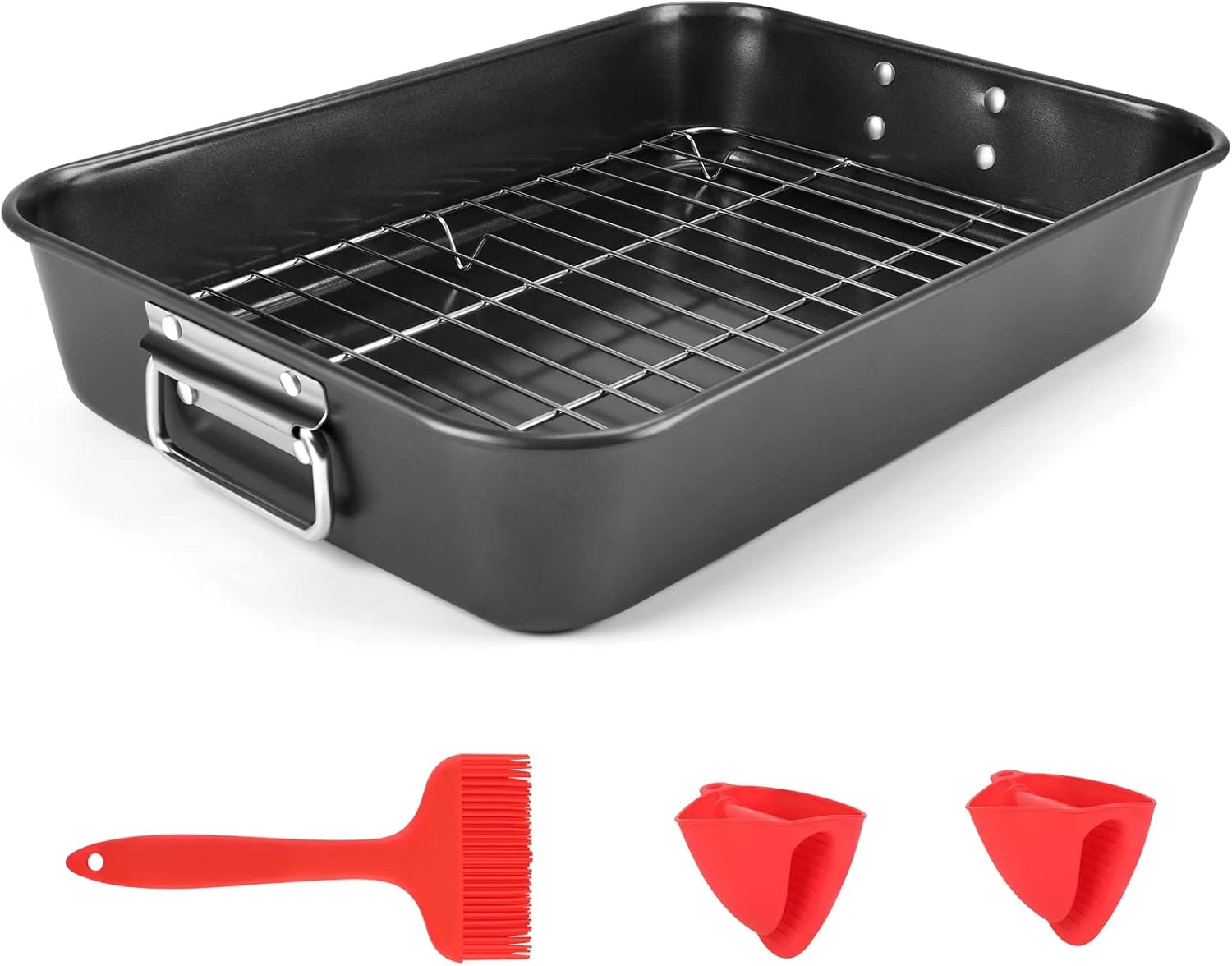Roasting Pan with Rack, 15.75X11.02’’ Baking Pan for Oven with Rack & Silicon Ha