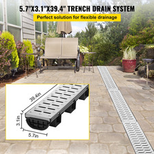 5 Pack Trench Drain Channel Drain System 39in HDPE w/ Metal Grate End Caps