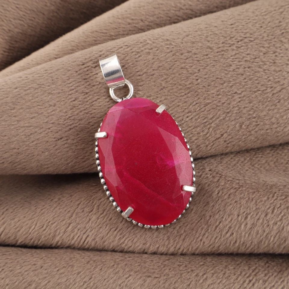 Kashmiri Ruby Gemstone Handmade Women Silver Pendant 1.75" - Image 3 of 4