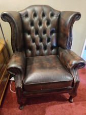 Chesterfield Brown Real Leather Queen Anne Wingback Chair 2 Available