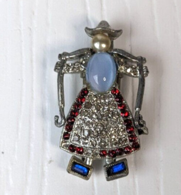 DuJay Vintage Dutch Jill Water Carrier Rhinestone Pink Belly Pin Brooch FLAWED