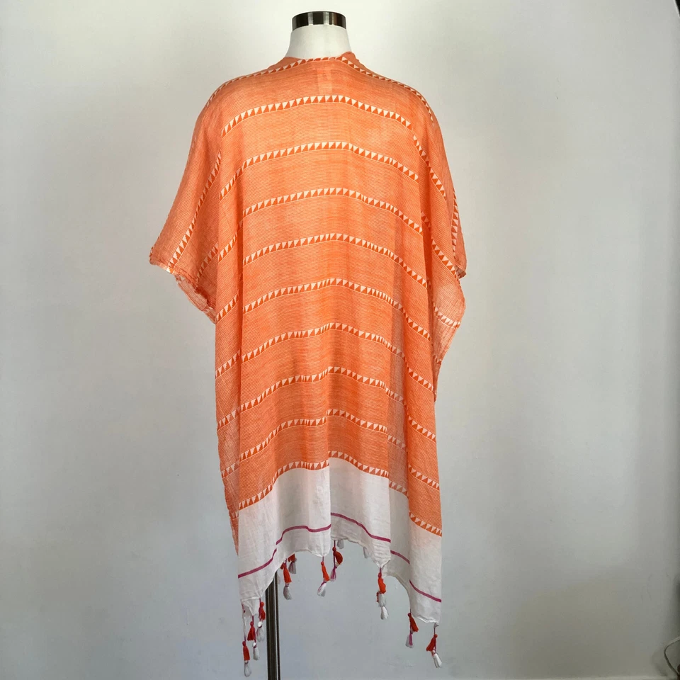 MerSea Mer Sea Naranja Blanco Algodón Claro Mantón Poncho Borlas de Encubrimiento Talla Única Foto 3 de 4