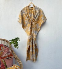Indian Yellow Large Floral Cotton Kaftan Dress Night Maxi Dress Kaftan Gown