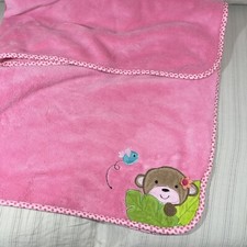 HTF Garanimals Plush Baby Blanket Pink w/ Monkey Blue Bird Fleece Girls Lovey N1