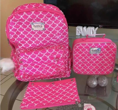 Justice Mermaid Pink Flip Sequin 3pz Backpack, Lunch Tote/Pencil