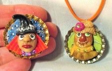 Halloween WITCH AND SCARECROW Necklace Magnet OOAK Polymer Clay decoration CHARM
