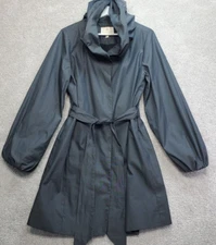 Etcetera by Carlisle Trench Coat Women's 8 Gray Belted Long Sleeve Hooded Rain