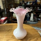 Fenton Peach Crest Vase 8" Tall White Pink Crimped Ruffled Top Vtg