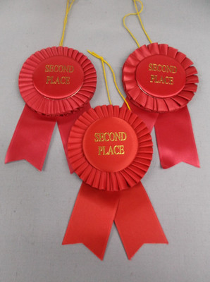 3 pack - red SECOND Place Rosette Ribbon wide streamer  3 1/2'' x 6'' with string