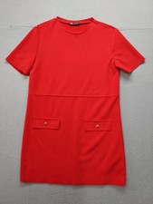Zara Women Shift Dress M Vibrant Red Faux Front Pockets Short Sleeve Casual Fit