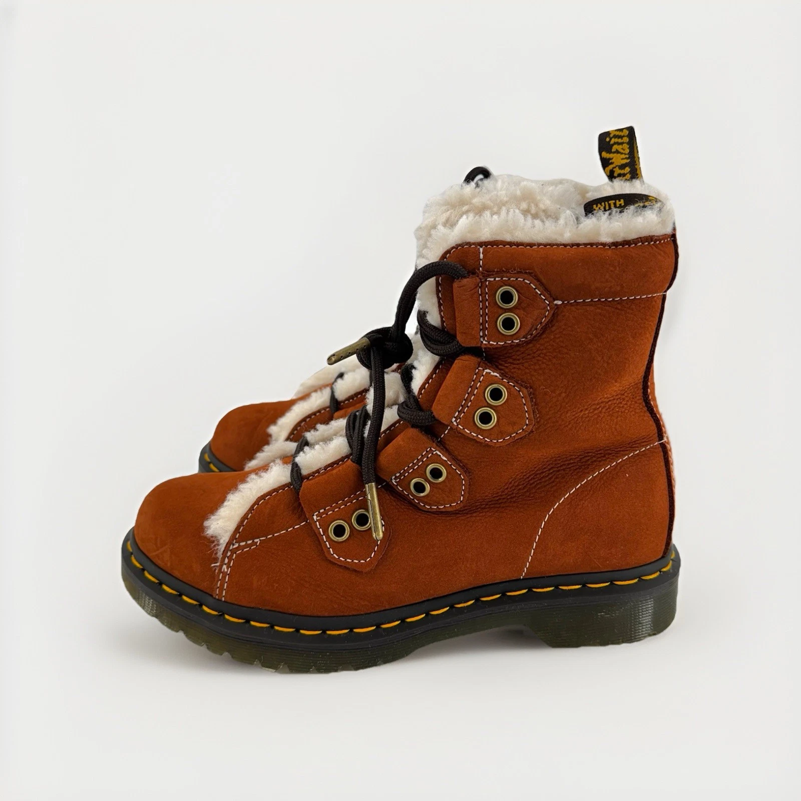 Dr. Martens 1460 Ghille Fur Lined Buttersoft Lace Up Boots Tan Brown Sz 8 $180